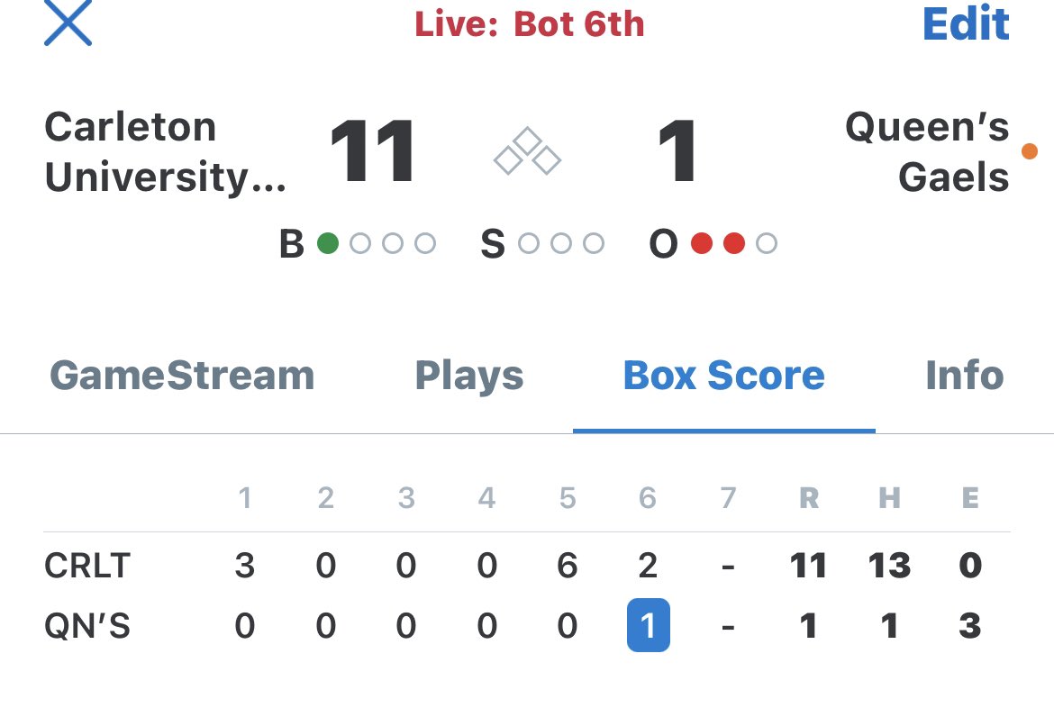 Needles homers for the second time today to get one back for @QueensUBaseball now down 10 to @CURavens trying to avoid mercy rule.