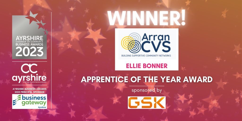AyrshireChamber's tweet photo. 🎉 APPRENTICE OF THE YEAR 🎉

@AyrshireChamber is thrilled to announce that the #ABA23 WINNER of the Apprentice of the Year award, sponsored by GSK is...

🏆 Ellie Bonner - Arran Community &amp; Voluntary Service

Congratulations! 🥳

#Ayrshire #CelebrateAyrshire https://t.co/DN56I0BFjg