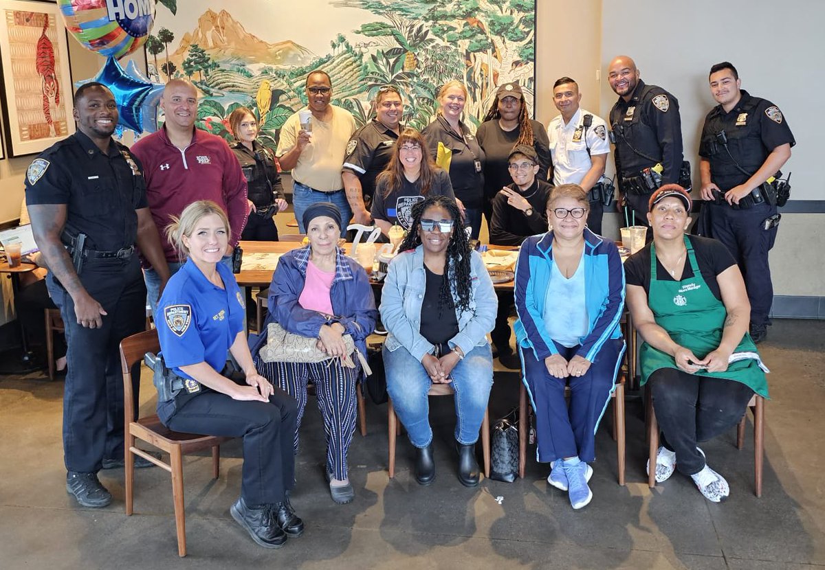 NYPD45Pct's tweet photo. This morning our #ClergyLiaison Pastor Deborah Jenkins joined us for coffee and conversation at the #BayPlaza Starbucks.
It kickstarted #FaithAndBlueWeekend where faith leaders & police departments come together to promote trust and safety within the community. https://t.co/1L4Bbh90Rv