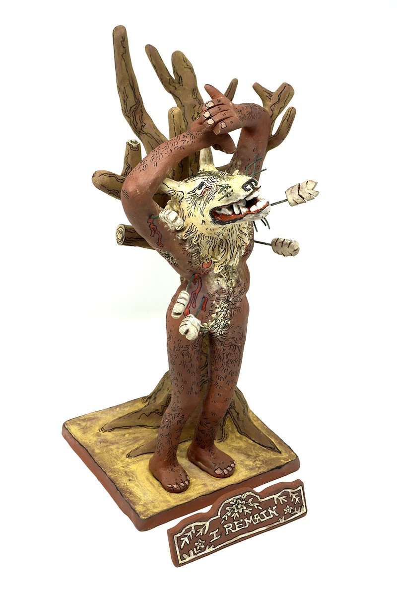 pansybeast's tweet photo. I REMAIN

cone 5.5 stoneware, underglaze, glaze, nichrome wire

Transmasculine lycanthrope depicted as the martyr Saint Sebastian.
We will always remain.

Currently available to view via my exhibit “Shifting Bodies” at the Canadian Clay and Glass Gallery until January 14th, 2024 https://t.co/r6eJFDfUJZ