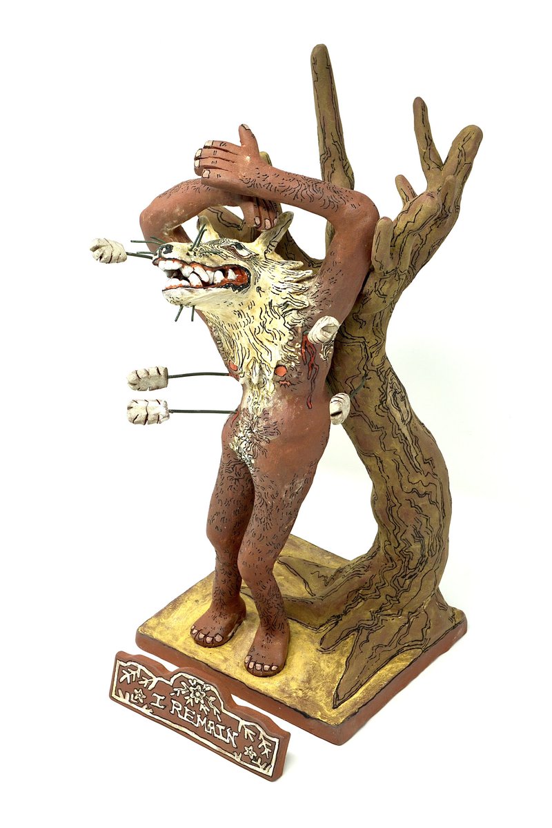 pansybeast's tweet photo. I REMAIN

cone 5.5 stoneware, underglaze, glaze, nichrome wire

Transmasculine lycanthrope depicted as the martyr Saint Sebastian.
We will always remain.

Currently available to view via my exhibit “Shifting Bodies” at the Canadian Clay and Glass Gallery until January 14th, 2024 https://t.co/r6eJFDfUJZ
