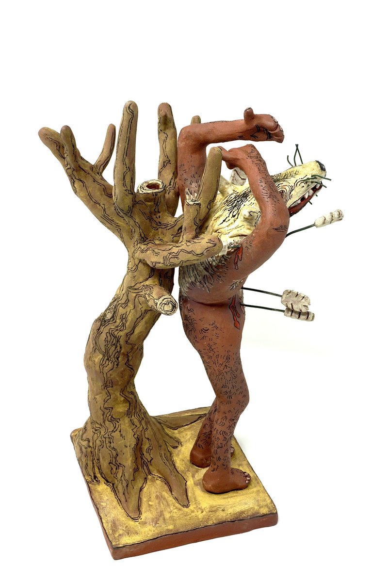 pansybeast's tweet photo. I REMAIN

cone 5.5 stoneware, underglaze, glaze, nichrome wire

Transmasculine lycanthrope depicted as the martyr Saint Sebastian.
We will always remain.

Currently available to view via my exhibit “Shifting Bodies” at the Canadian Clay and Glass Gallery until January 14th, 2024 https://t.co/r6eJFDfUJZ