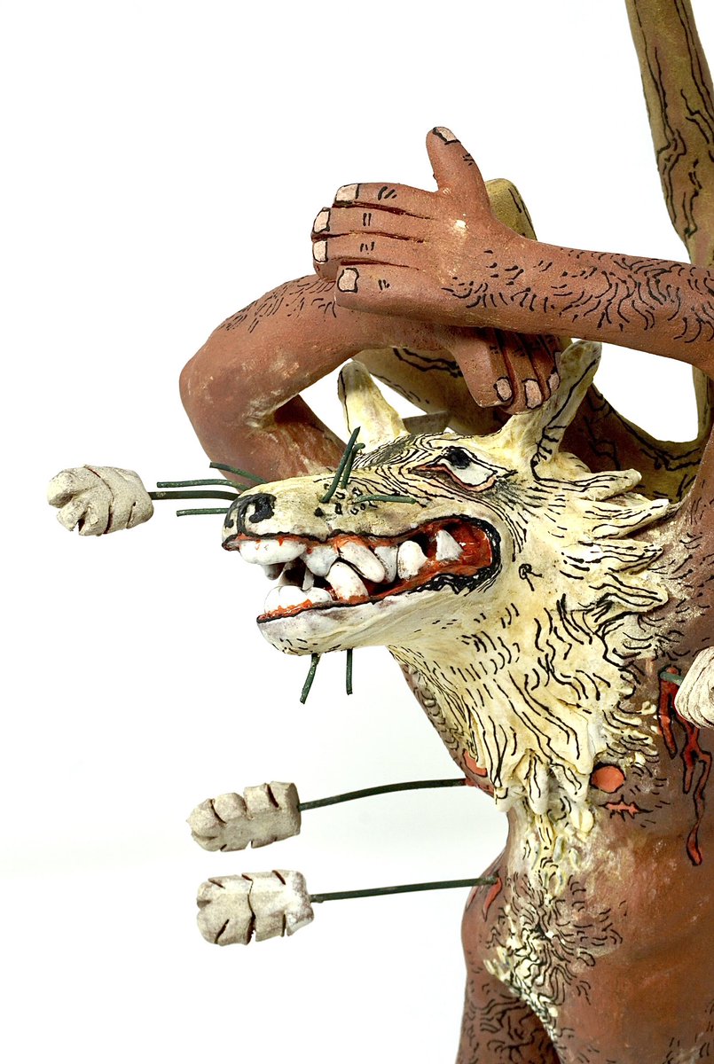 pansybeast's tweet photo. I REMAIN

cone 5.5 stoneware, underglaze, glaze, nichrome wire

Transmasculine lycanthrope depicted as the martyr Saint Sebastian.
We will always remain.

Currently available to view via my exhibit “Shifting Bodies” at the Canadian Clay and Glass Gallery until January 14th, 2024 https://t.co/r6eJFDfUJZ