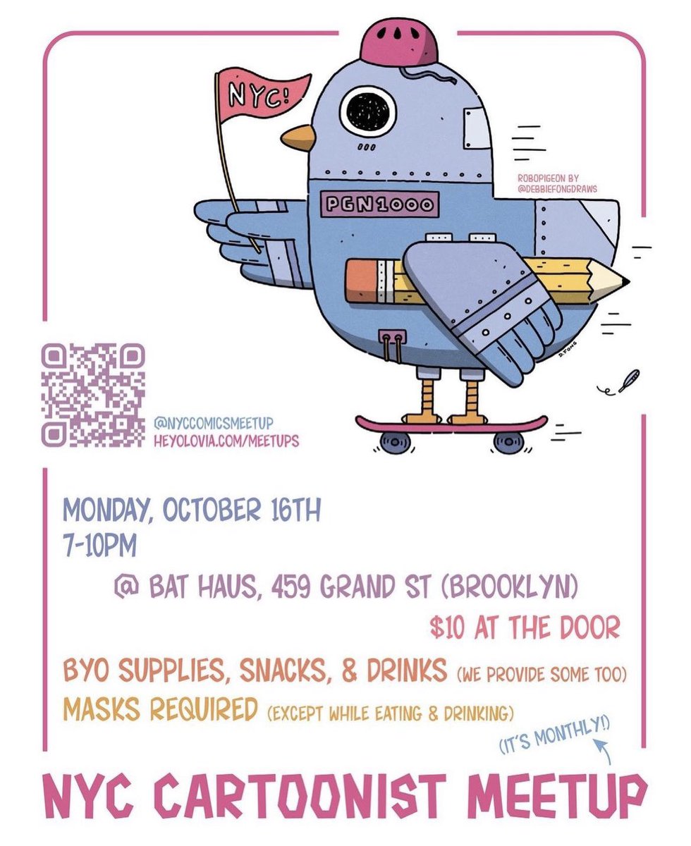debbiefongdraws's tweet photo. I drew this pigeon for NYC Cartoonist Meetup! 🤓 Sadly I’ll be out of town for this month’s event but if you’re a comics person (or aspiring to be one), you should check it out! I always have fun when I go ☺️ https://t.co/xkSXt6322p