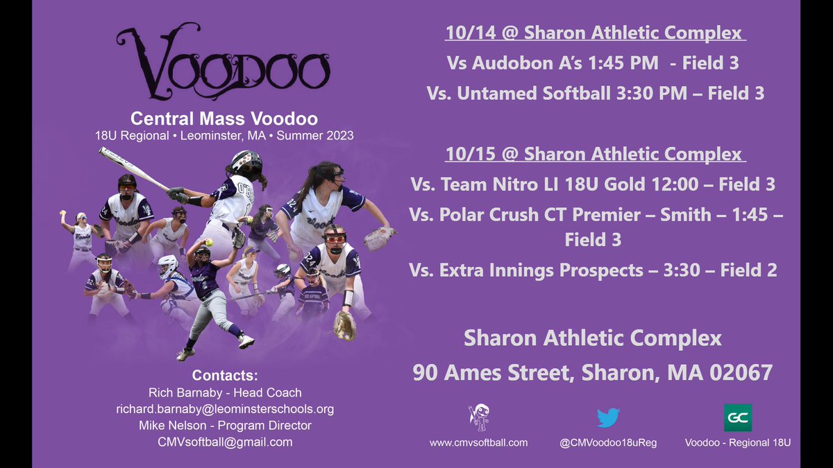 Last Showcase of the Fall for our Voodoo crew!  Excited to play some great competition and display our speed and strength on the fields of Sharon!  

Coaches - some excellent uncommitted talent on this team full of High Academic players!

🤓🥎💜