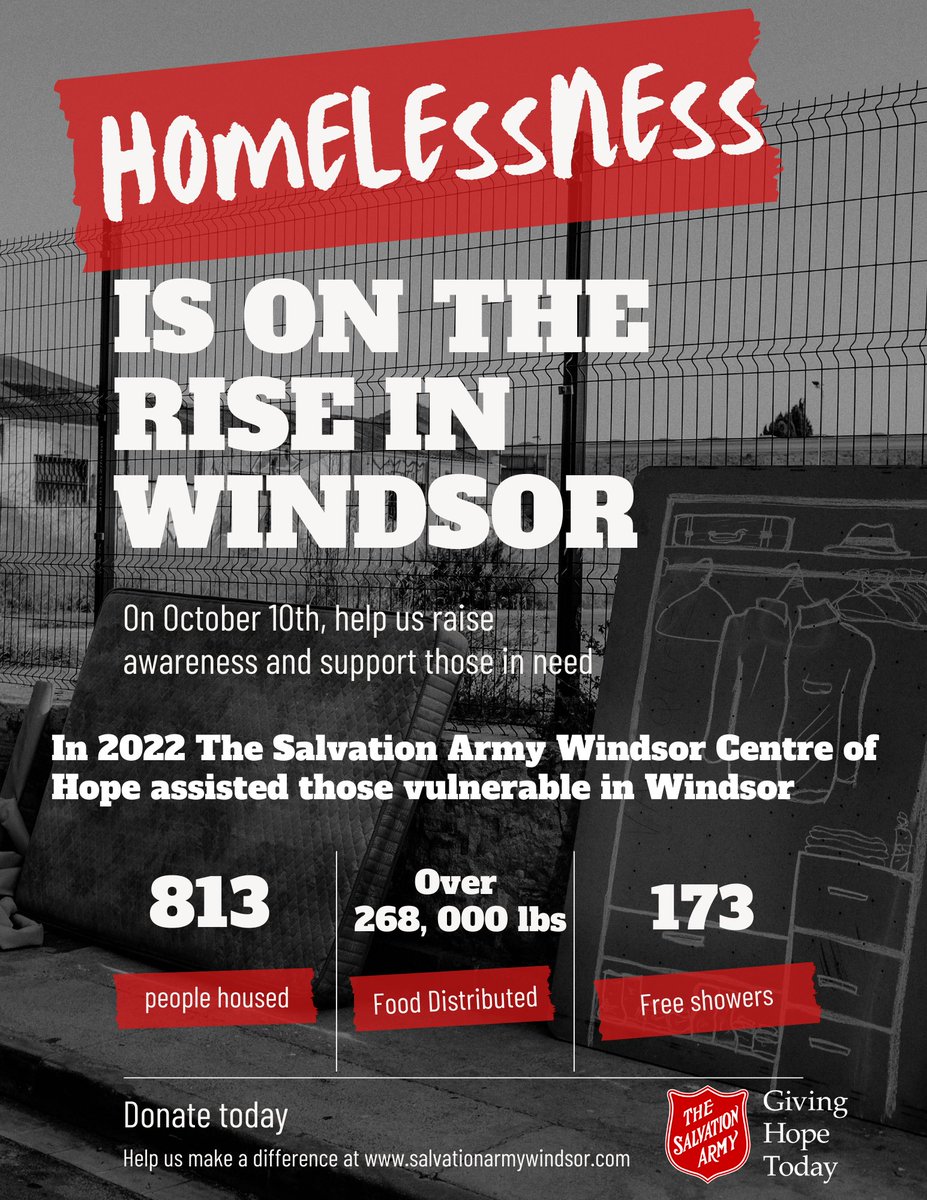 Tuesday, October 10th is #WorldHomelessDay
<a href="/WindsorPolice/">Windsor Police</a> will partner up🤝with <a href="/TSAWindsorCOH/">The Salvation Army Windsor Centre of Hope</a> for Food Drive events <a href="/RealCdnSS/">Real Canadian Superstore</a> locations on Dougall Ave &amp; Walker Road (11-4PM). Come #StuffACruiser with non perishable items &amp; help those in need 🙏
 #yqg