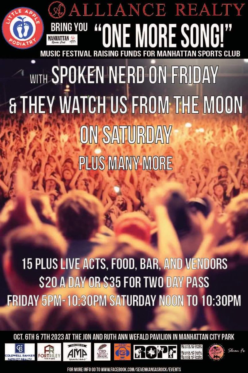 Starts tonight!
Live #music w/ 15+ acts, vendors, food, and a bar at the Wefald Pavilion in the Manhattan City Park. Raising funds for the #SpecialOlympics.
<a href="/SpokenNerd/">Nathan Conrad</a> headlines today. <a href="/OfficialTWUFTM/">TheyWatchUsFromTheMoon</a> headlines tomorrow.
$20 dollars for a 1-day pass/$35 dollars for a 2-day pass.