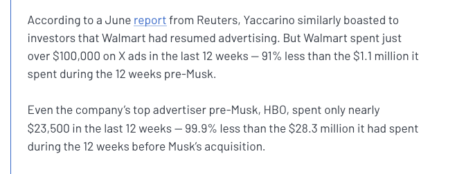 This site is busted, they're making next to nothing from their big advertisers. HBO dropped their spend from $28.3m (12 weeks before Musk's acquisition) to $23,500 in the last 12 week period, roughly a 99.91696% reduction in spend. 
mediamatters.org/twitter/linda-…