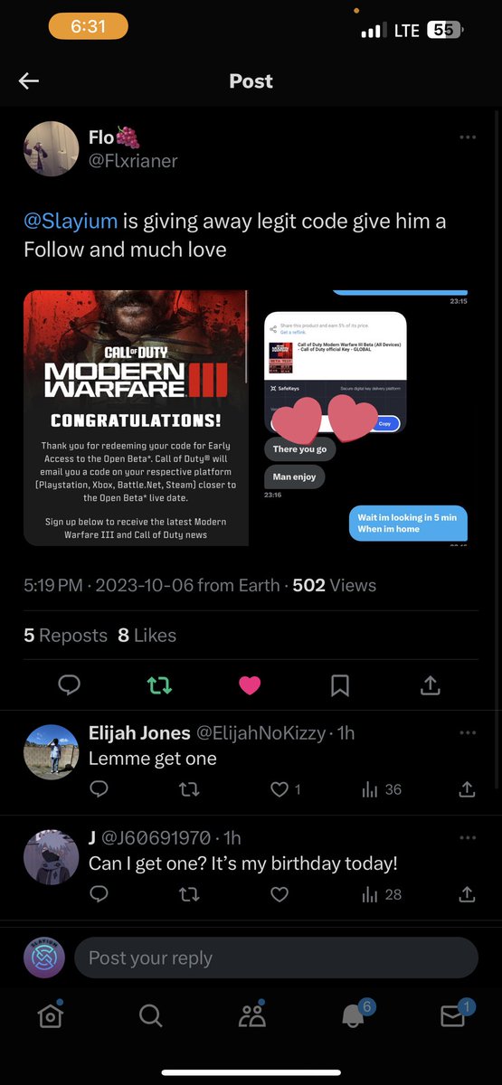 So far I have given out 7 beta codes that are chosen randomly and more will come on stream and on next week as well #MWIII. #MW3. Beta codes!
Just #Rt and #follow 
#CallofDuty. Giving back to the community so be sure to check out my stream kick.com/slayium