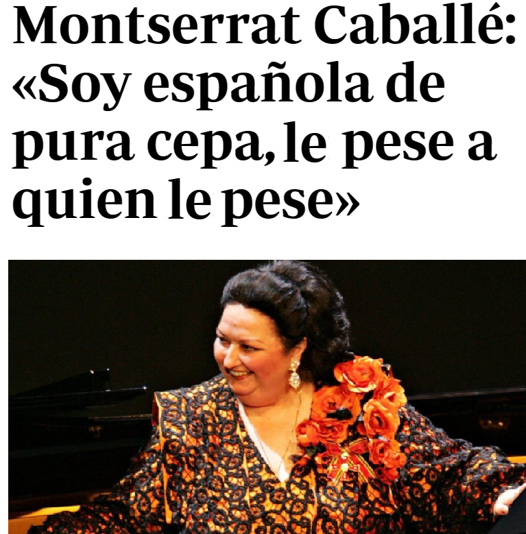 CCivicaCatalana's tweet photo. Hoy hace 5 años nos dejó Montserrat Caballé, una catalana universal que plantó cara a Pujol y a los separatistas.

"Soy española de pura cepa, le pese a quien le pese. Nací en Barcelona. Mis padres, una valenciana y un catalán, siempre nos decían sin complejos: somos españoles". https://t.co/0XraBaepSW