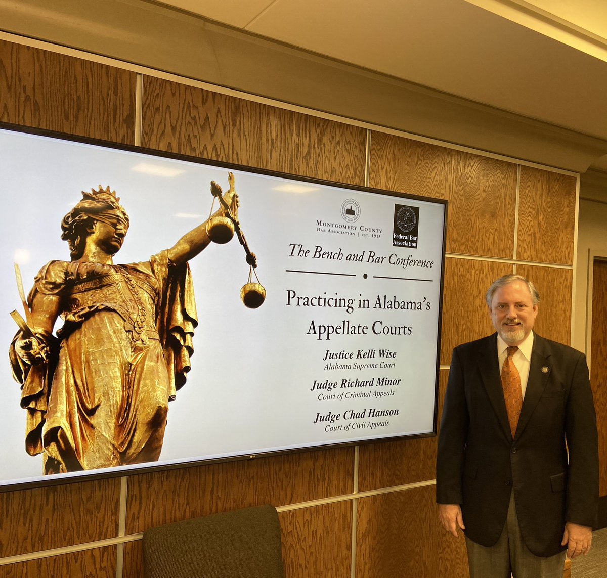 JudgeMinor's tweet photo. Enjoyed my morning at the Montgomery County Bench &amp; Bar Conference with Justice Wise and Judge Hanson. Always a pleasure to speak on appellate practice in Alabama &amp; answer questions from bar members. #appellatetwitter #Minor2024 #algop #alpolitics #ConservativeIntegrityService https://t.co/QuUFQSzUN5