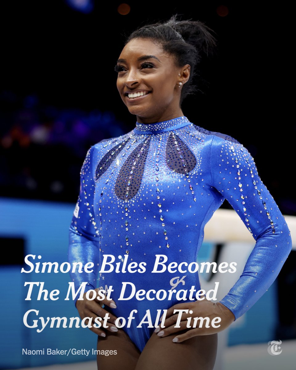nytimes's tweet photo. From @TheAthletic: Friday’s win moved Simone Biles into sole possession of the record, 34, for medals at the Olympics and world championships combined. It was her 21st world gold medal, extending an existing record. https://t.co/EfE6wV2wDF https://t.co/sdWhOO8qoW