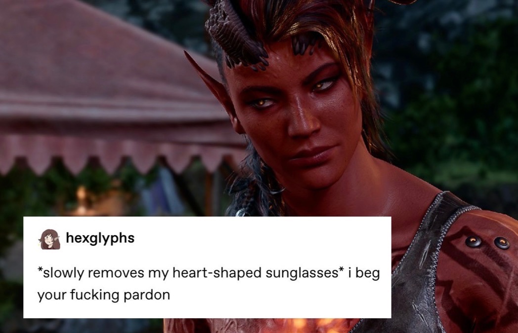 cannibalanders's tweet photo. begging someone to draw karlach in heart shaped sunglasses https://t.co/TmAdIrxmuA