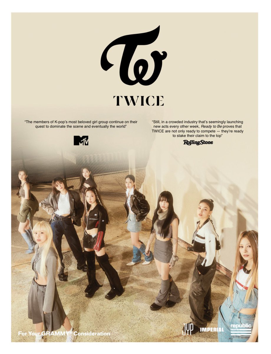 TFVUnion's tweet image. TWICE’s “For Your Consideration” banner for the 2024 Grammys.

#TWICE @JYPETWICE