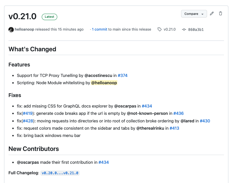 Bruno v0.21.0 is here 🎉🎉

🌐Support for TCP Proxy Tunnelling
👩‍💻Scripting: Node Module whitelisting 
💅 Bug fixes and polishing. 

Thank's to everyone who participated in the release.
Release notes: github.com/usebruno/bruno…