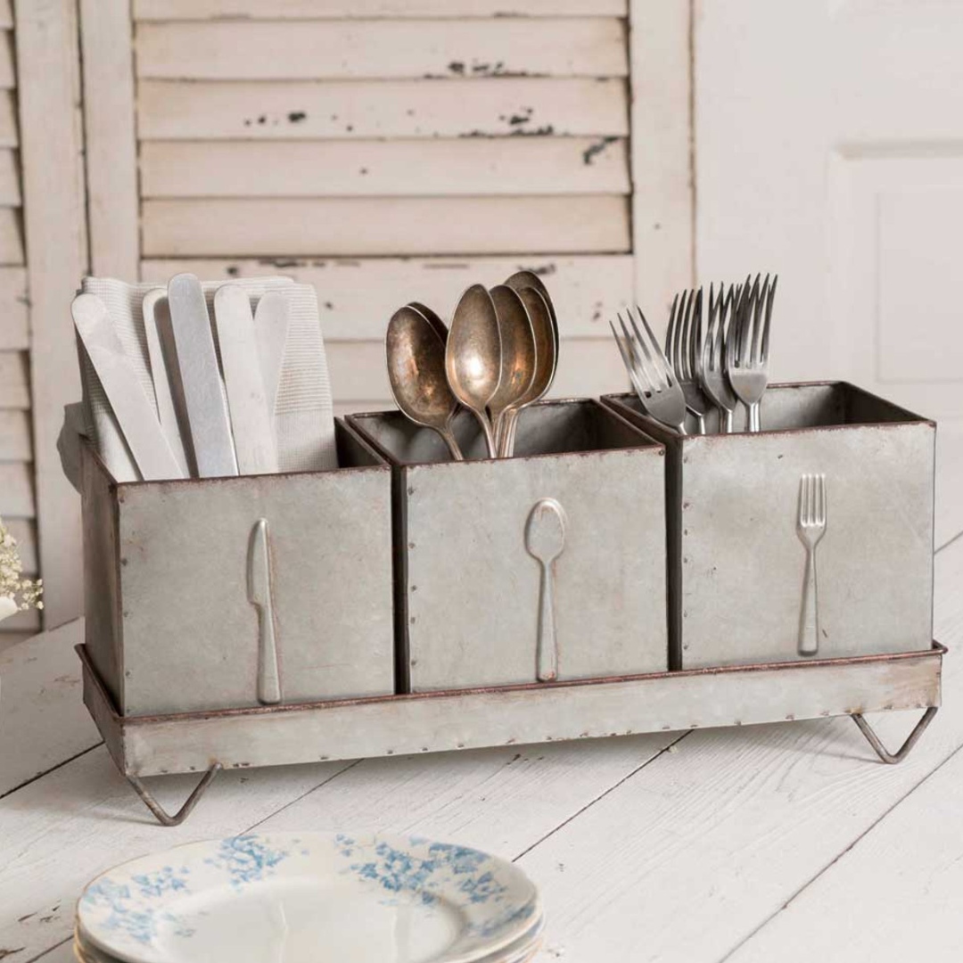 With its galvanized finish and raised detailing, this caddy is as much decor as it is organization. #farmhousespitsandspoons #yummy #delicious #happy #mindfulness #lifestyle #supportlocalbusinesses #friends #family #recipe #tasty #cooking #homemade farmhousespitsandspoons.com/3-bin-utensil-…