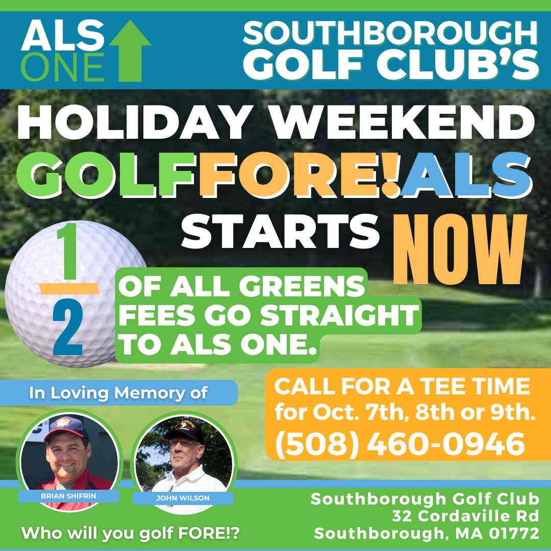 alsone_official's tweet photo. #ALS #SouthboroughGolfClub #GolfForeALS weekend starts now. Call to book your #TeeTime for today, tomorrow, or Monday and when you do, 1/2 of all #GreensFees will support our mission in the #FightAgainstALS. (508) 460-0946. ⛳️ #EndALS https://t.co/e7TwdJ2SqZ