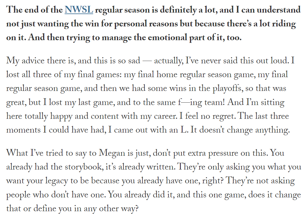 kpelton's tweet photo. I like this way of thinking about legacy as an athlete from Sue Bird's advice to fiancé Megan Rapinoe heading toward retirement, as told to @itsmeglinehan: https://t.co/txWPCvL1iS https://t.co/N2qzIpCJj4