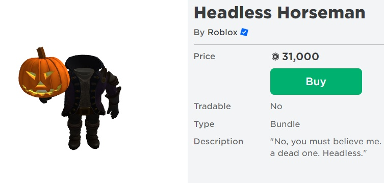 How much is the Headless Horseman bundle on Roblox? Pricing