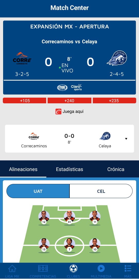 LigaMXExpansion's tweet photo. ¡Arrancó el @CFCorrecaminos vs @TorosCelayaCD!

Sigue todas las acciones en vivo en la #APPLigaMX 🔗 https://t.co/jRVYOeJoTH https://t.co/C52tlazZ97
