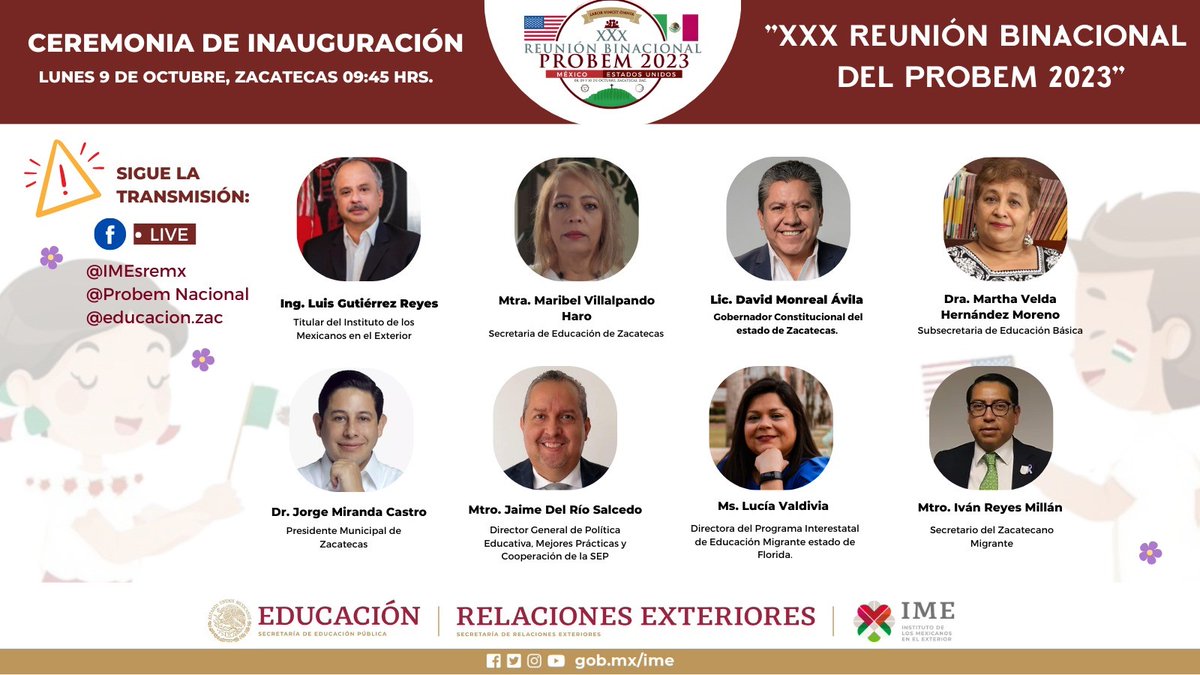 El próximo 🗓️ 9 de octubre a las 9:45hrs, se llevará a cabo la ceremonia de inauguración de la “ XXX Reunión Binacional del #PROBEM” Sigue la transmisión 📹 #EnVivo a través de nuestras redes 📲. 
🔗Más información en: ime.gob.mx/educacion/arti…
#EducaciónBinacional