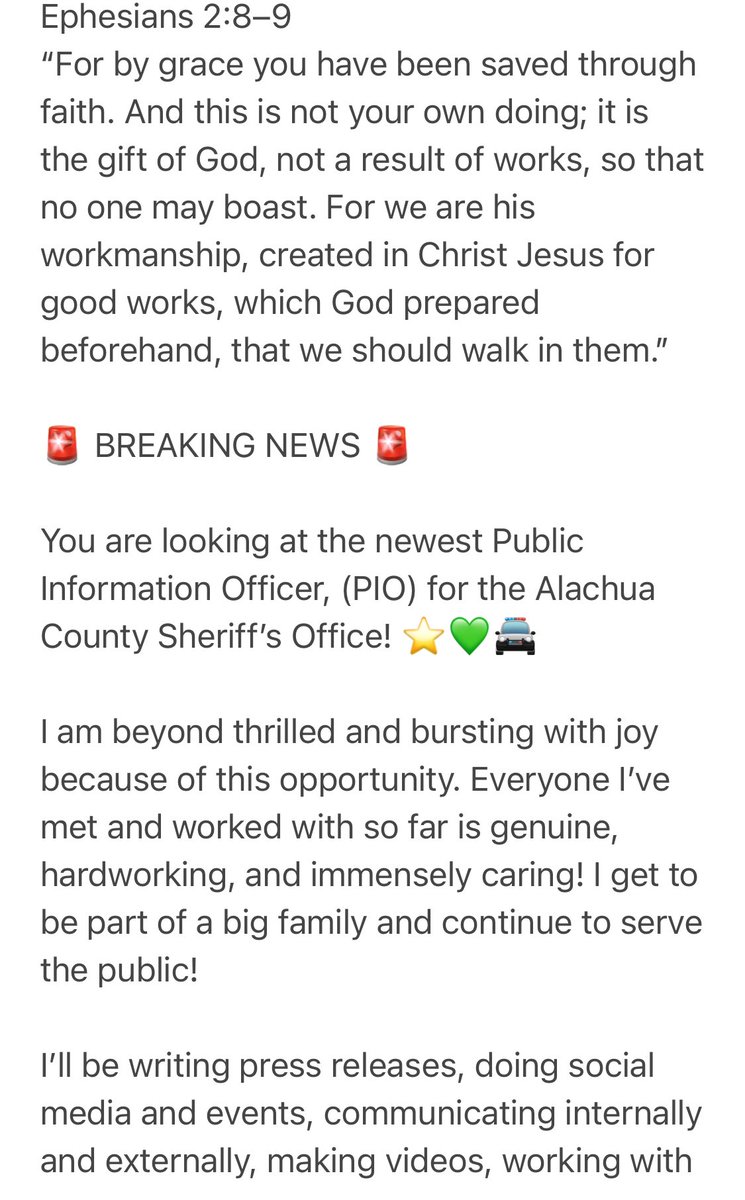 lisasacaccio's tweet photo. @thechosentv @DallasJenkinsTC Can’t wait for my first official first day as a @AlachuaSheriff Public Information Officer (PIO) ⭐️💚🚔 https://t.co/NyzCGRamza