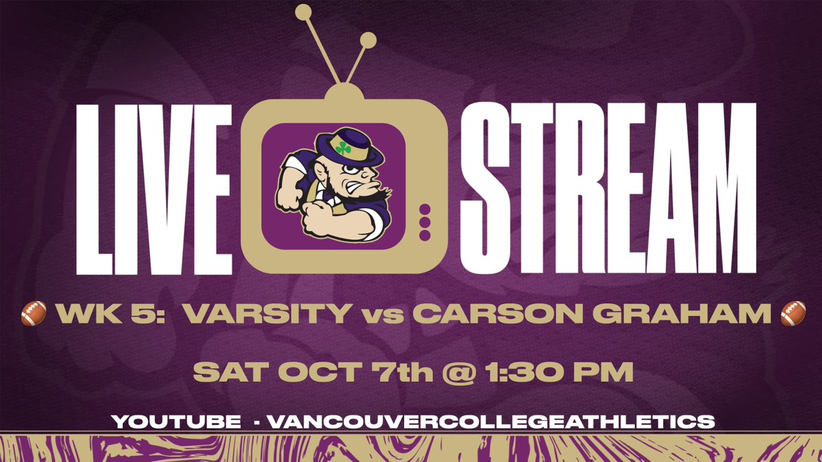 WEBCAST:  AAA VARSITY FOOTBALL
<a href="/vcfootball/">VC Football 🏈</a> vs <a href="/carsoneaglesfb/">Carson Graham Eagles Football</a> 
🔥 Faith, Family &amp; Football Day 🔥

🔗youtube.com/c/VANCOUVERCOL…
📅 Sat, Oct 7th
⏰ 1:30pm
📍 VC - O'Hagan Field

LET'S GO IRISH!!!

<a href="/VanCollegeNews/">Vancouver College</a> <a href="/BCHSFB/">BC HS Football</a> <a href="/BCSchoolSports/">BC School Sports</a> <a href="/chatfootball/">CanadaFootballChat</a> <a href="/theBCSportsHub/">BC Sports Hub</a>