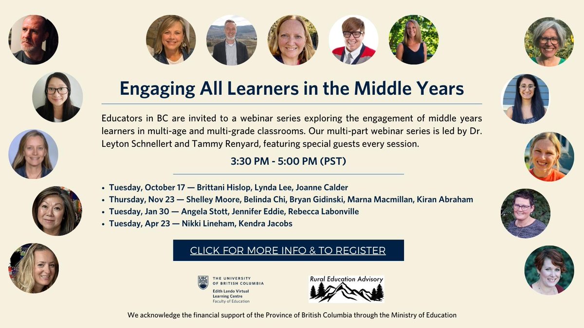 Sign up for the 2023-24 Engaging All Learners in the Middle Years webinar series at: elvlc.educ.ubc.ca/2023/08/31/eng… #middleyears #multiage #multigrade @nwiddess @Roomtoplay @KathrynYamamoto @kkaallan @DeniseAugustin1 @kootenayteach @tweetsomemoore @BCTELA @jnovakowski38 @EdithLandoVLC