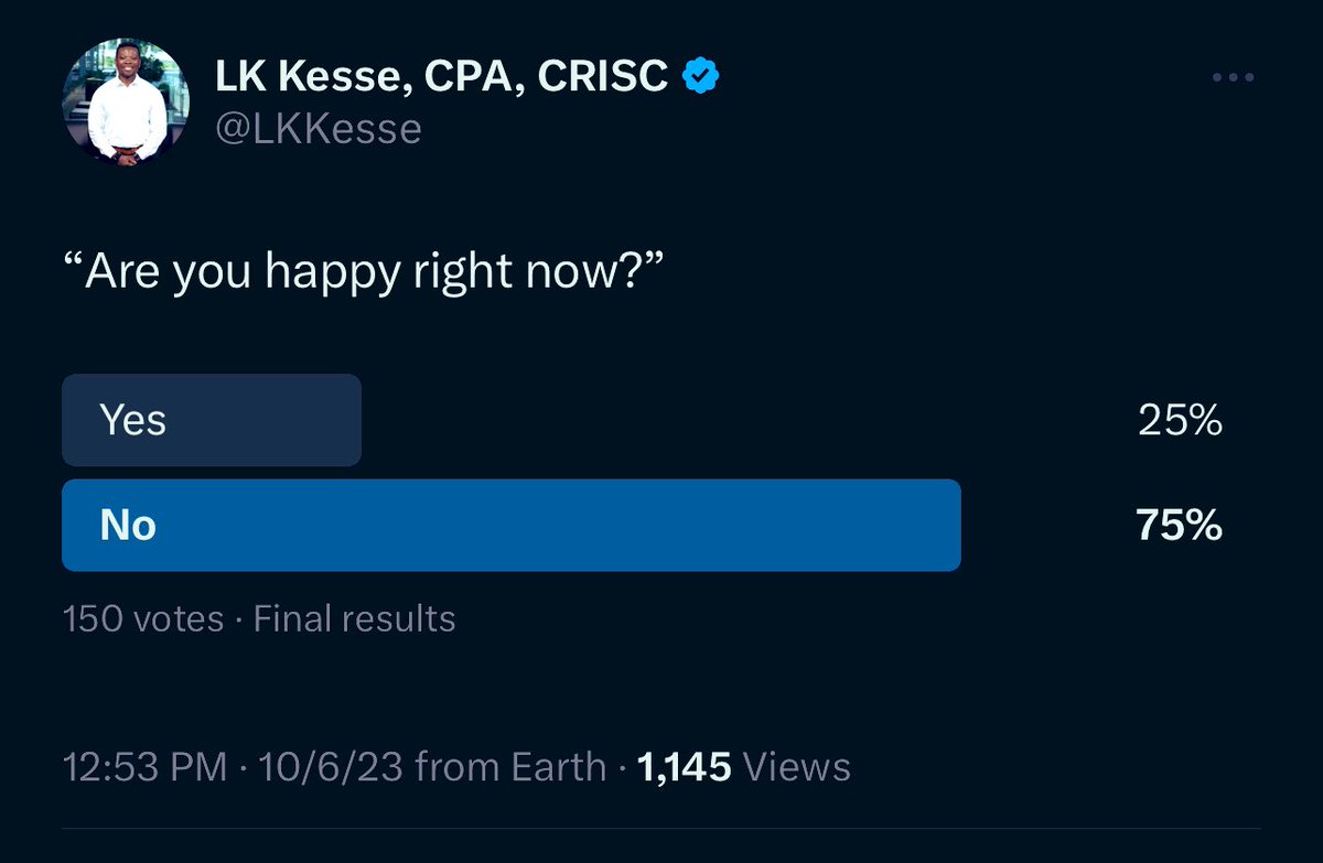 LKKesse's tweet photo. "Intriguing poll results! 75% (3 out of 4) of folks over at @X seem unhappy with life. Remember, it's your one precious life โ don't hesitate to seek professional help if necessary. ๐๐ค #PollStats #MentalHealthMatters" https://t.co/ppZN7zelCd