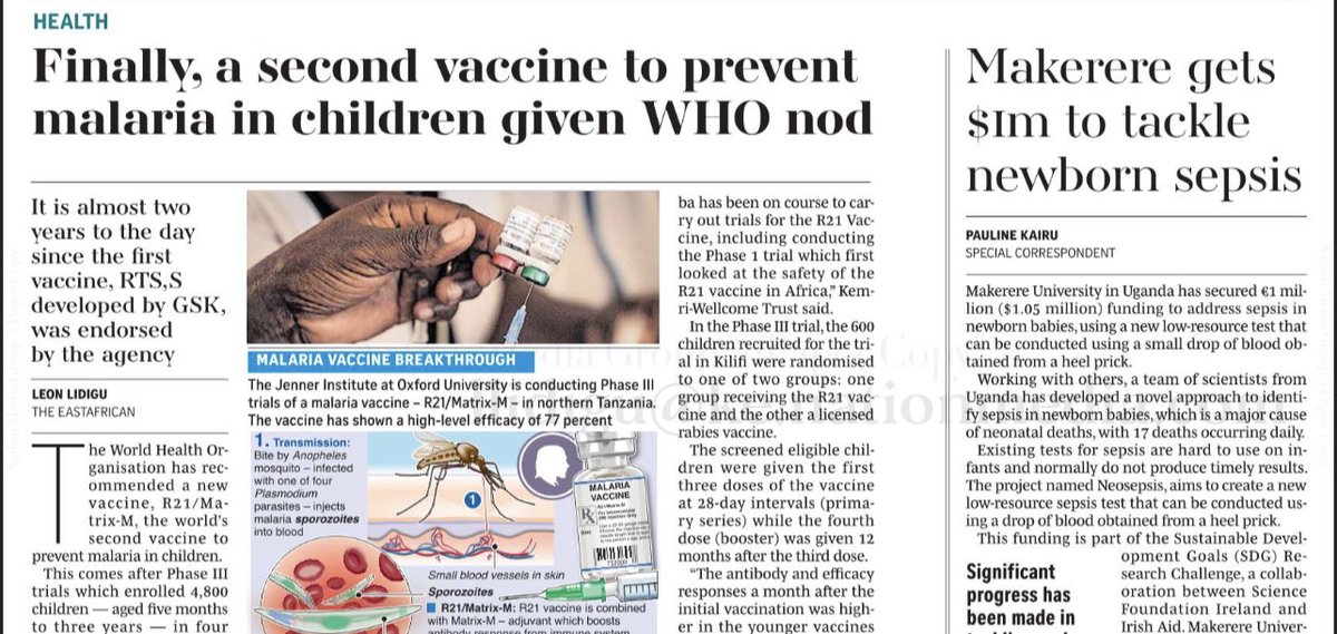 In your copy of <a href="/The_EastAfrican/">The EastAfrican</a> today read about the  world’s second malaria vaccine . 

So proud of the work KE scientists <a href="/KEMRI_Kenya/">Kenya Medical Research Institute</a> <a href="/KEMRI_Wellcome/">KEMRI-Wellcome Trust</a> are doing on the global front led by <a href="/mainga_hamaluba/">Mainga Hamaluba</a> . 👏🏿👏🏿👏🏿