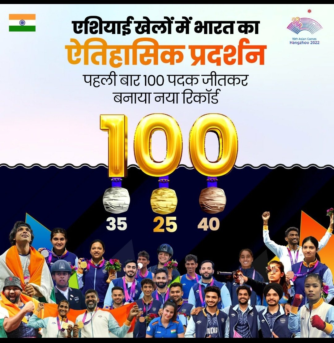 A moment of pride for India at the Asian Games 🏅🏅

 We have reached a remarkable milestone of 100 medals
 #AsianGames #Cheer4India #IssBaar100Paar #Hangzhou2022 | 
#AsianGames23
#AsianGames2023medals
#WorldCup2023