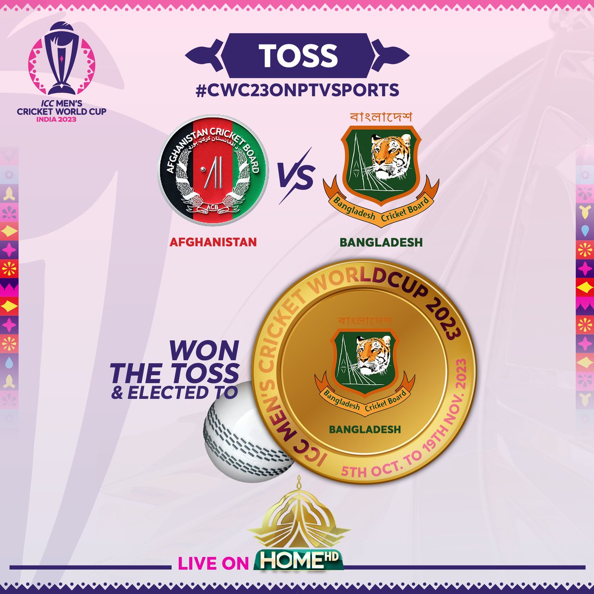 PTVSp0rts's tweet photo. #CWC23onPTVSports
#DoubleHeaderDay in #CWC23#CWC23 #CWC23 #Bangladesh won the toss and choose to field
Who are you supporting?
#BANvAFG
@BCBtigers
@ACBofficials
*This first match of the double header will be telecasted on PTV Home https://t.co/hltwGewHPu