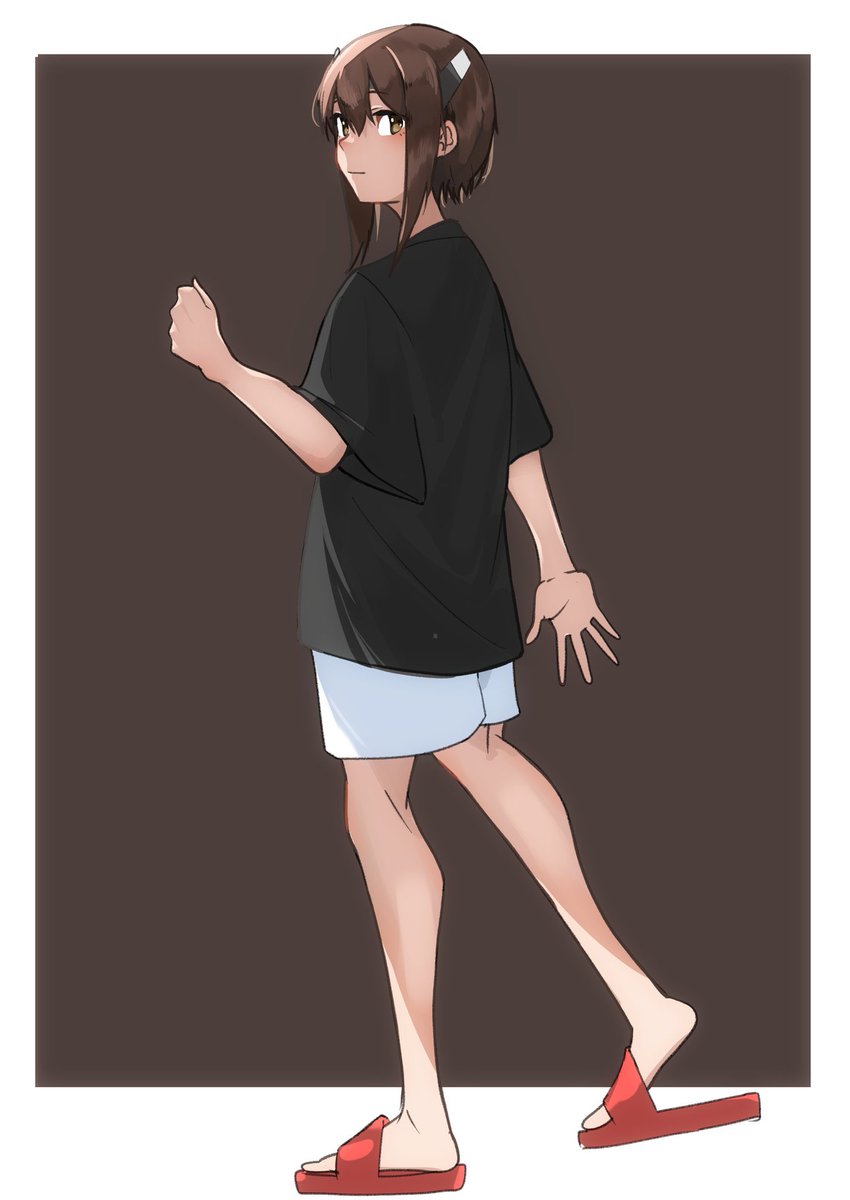 taihou (kancolle) 1girl solo brown hair brown eyes shirt black shirt shorts  illustration images