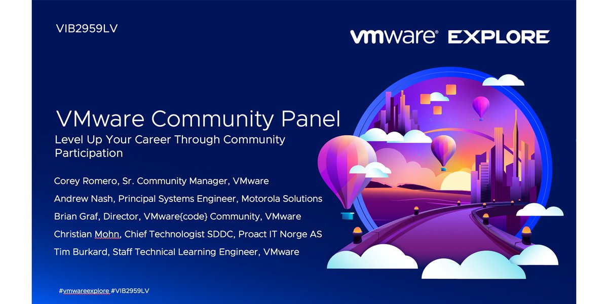 VMware Explore Barcelona - Session VIB2311BCN: Join five evangelists to discuss our personal experiences on how getting involved in the community helped our careers. We will provide you with a roadmap on how to step out of your comfort zone or dive deeper into community