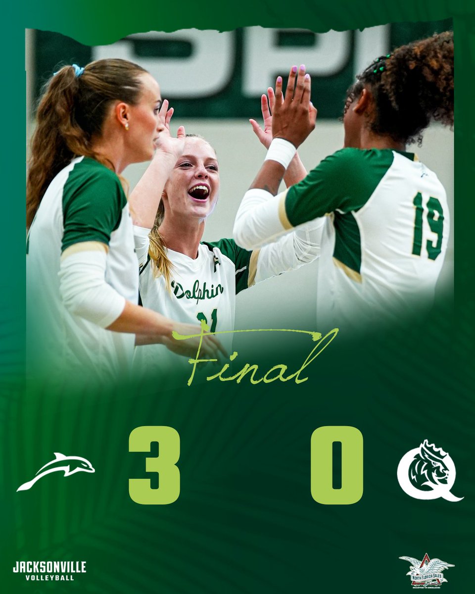 JAX_Volleyball's tweet photo. That is a Friday night SWEEP at Swisher! 🐬🧹

Final score pres. by @NorthFLSales 

#JUPhinsUp https://t.co/v5JQRbEMKh