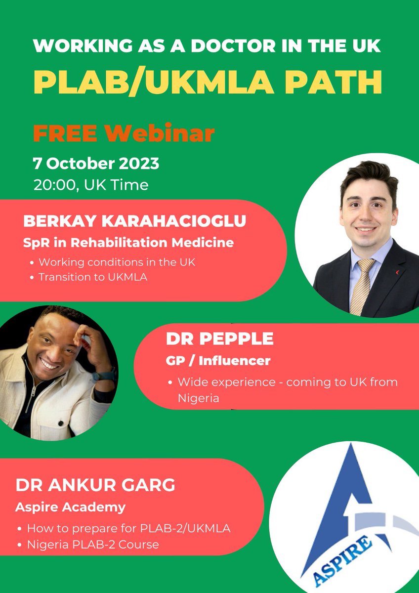 Hi there,

You are invited to a Zoom webinar.
Saturday Oct 7, 2023 08:00 PM London

Topic: Life in the UK as a Doctor - UK PLAB Path 

Register in advance for this webinar:
us02web.zoom.us/webinar/regist…

After registering, you will receive a confirmation email containing information