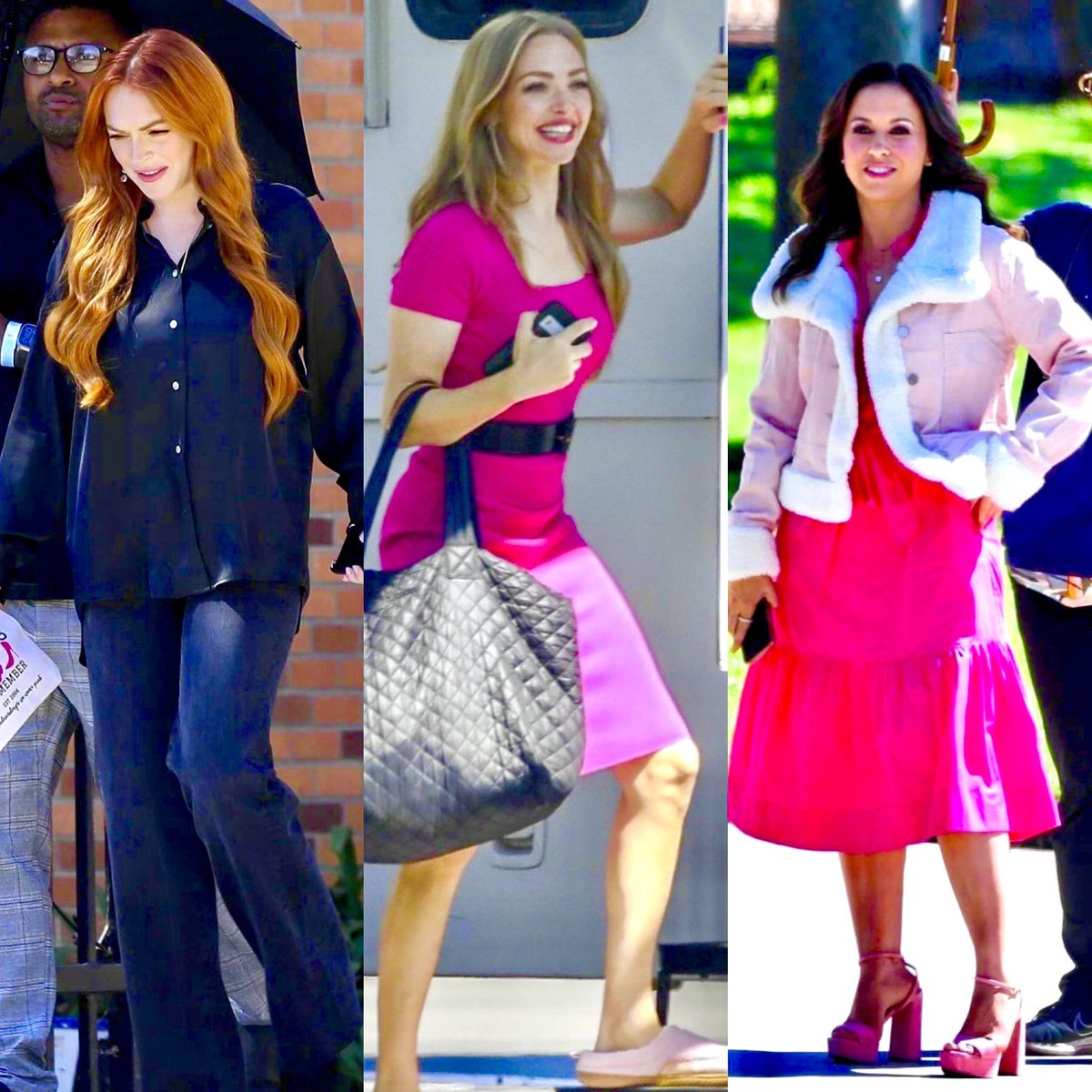 BrasilSeyfried's tweet photo. OMG!! Elas são as Meninas Malvadas! 
Amanda Seyfried, Lindsay Lohan e Lacey Chabert se reuniram hoje e provaram que nas sextas também se usa rosa, para gravar um comercial, que provavelmente esteja envolvido para o novo filme. 💝 https://t.co/lCBbCcJ6pn