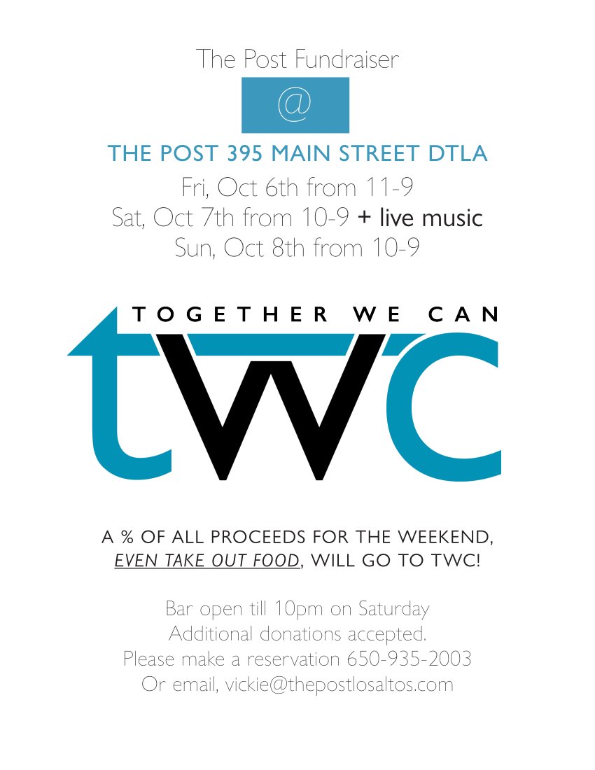 LAMVCF program Together We Can is hosting a fundraiser this weekend at The Post, 395 Main Street, Los Altos. Today from 11 -  9 PM. Saturday from 10 - 9 pm with live music. Sunday from 10 - 9 pm. A percentage  of all sales will go to TWC.
#losaltos #Youthphilanthropy