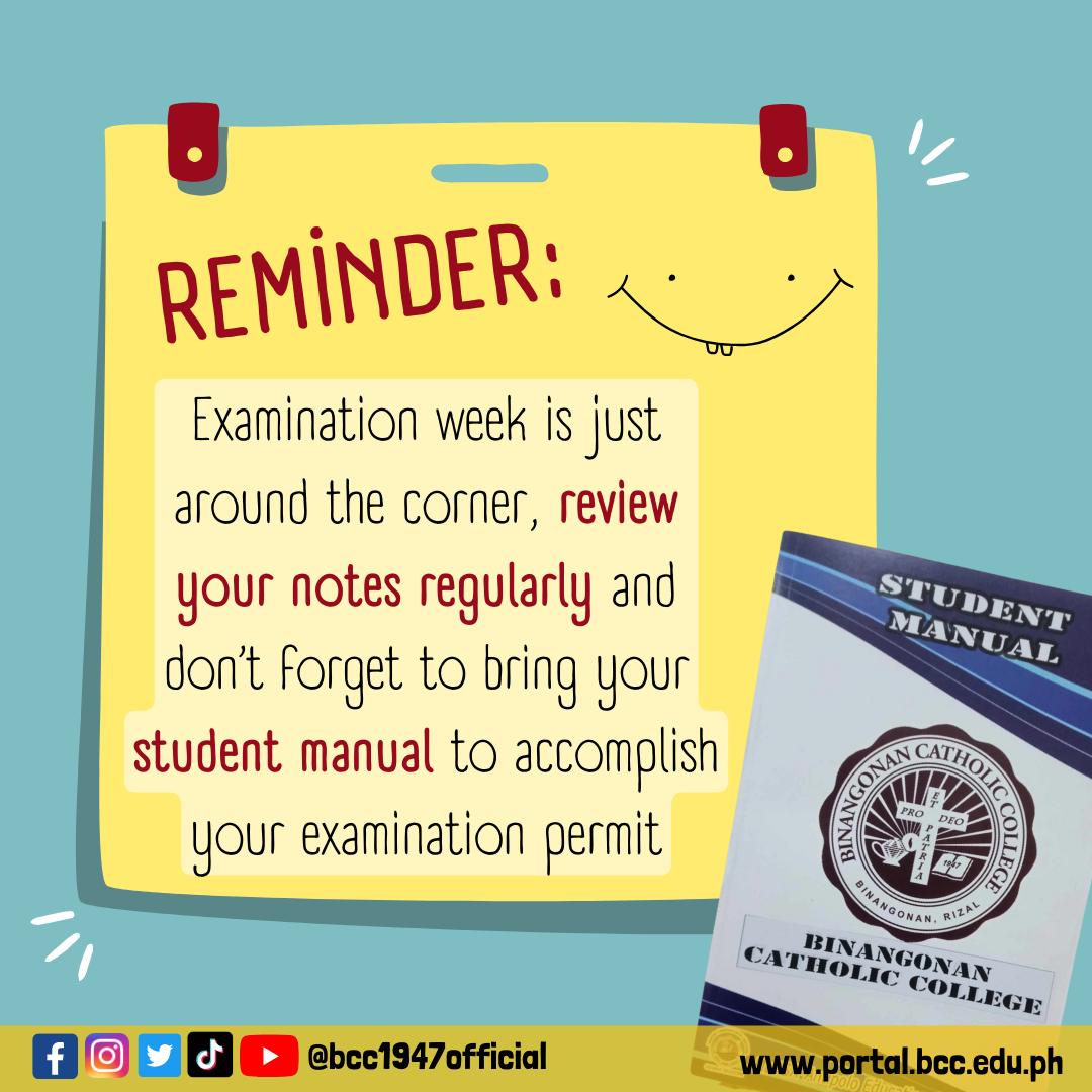 bcc1947official's tweet image. BCCians! A reminder that Examination Week is just around the corner. Plan your study sessions in advance, allocating sufficient time for each subject. Avoid cramming and aim for a balanced study routine. Don't forget to accomplish your examination permit #examinationweek #BCCians