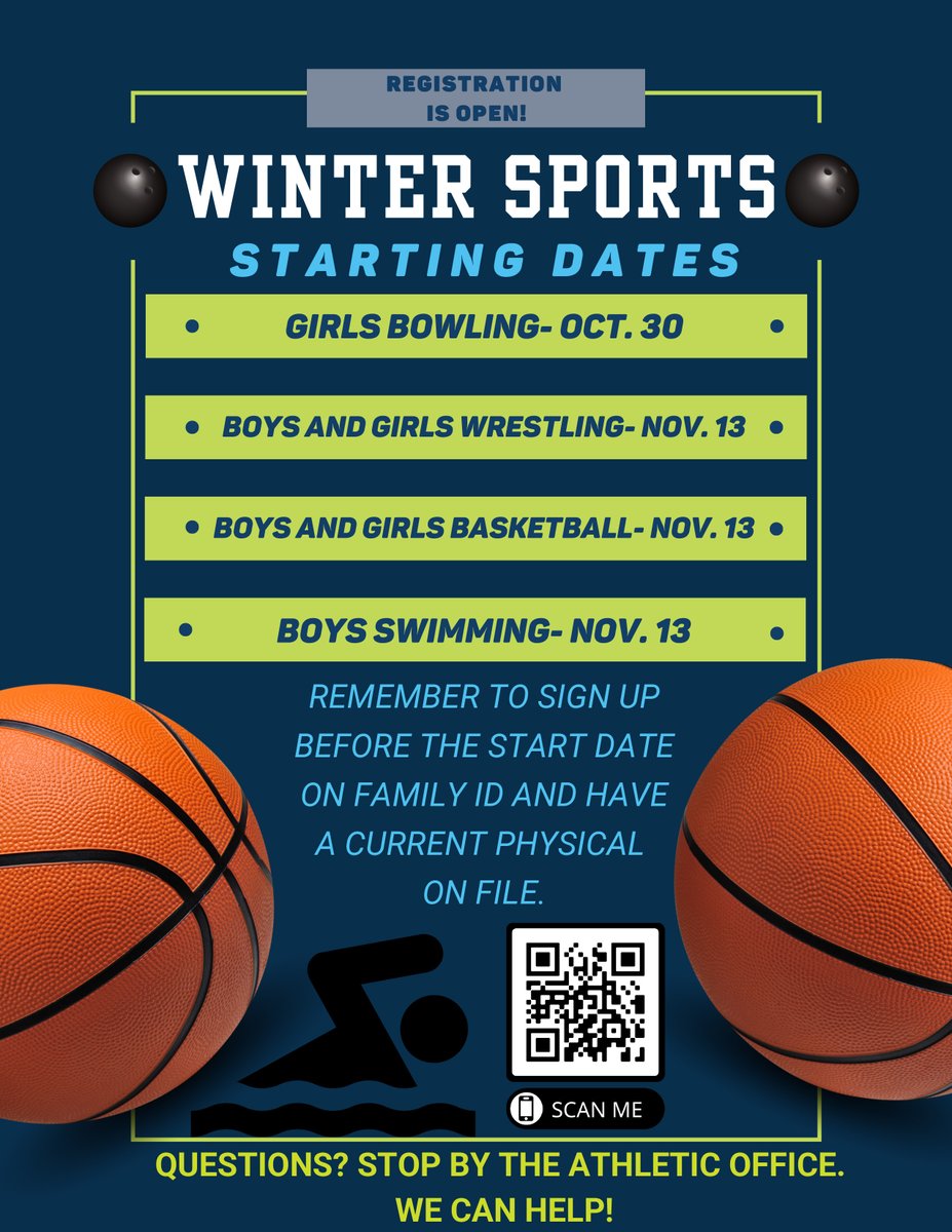 Winter Sports Registration Is Open: Girls/Boys Basketball, Girls Bowling, Boys Swim and Girls/Boys Wrestling!