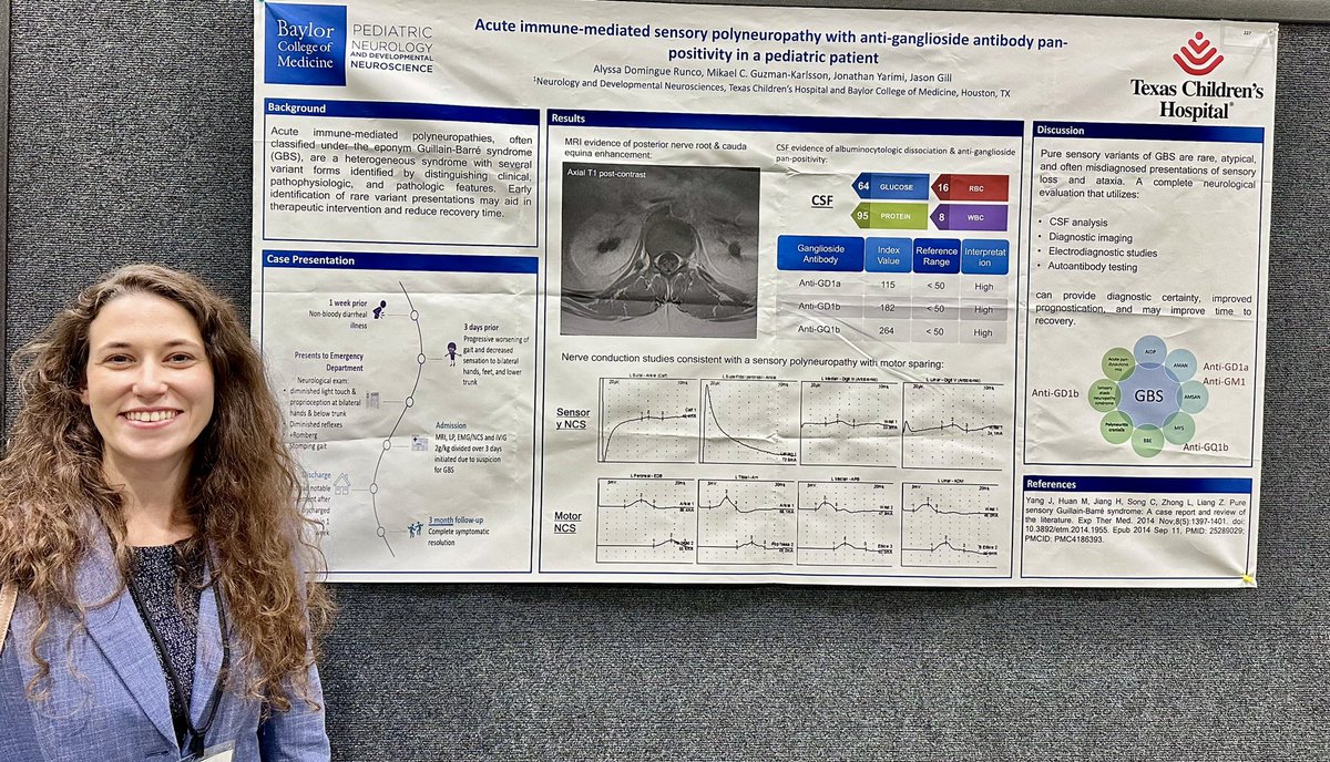 Pure sensory #GBS variants are rare, atypical, and often misdiagnosed presentations of sensory loss/ataxia. Alyssa Runco showed how autoantibody testing and NCS can provide diagnostic certainty, improve prognostication, and may improve recovery time #CNSAM