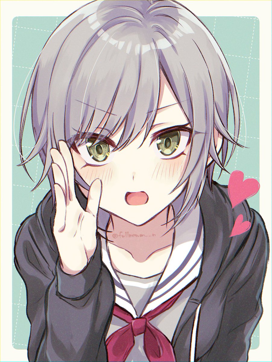 1girl solo school uniform grey hair heart short hair looking at viewer  illustration images