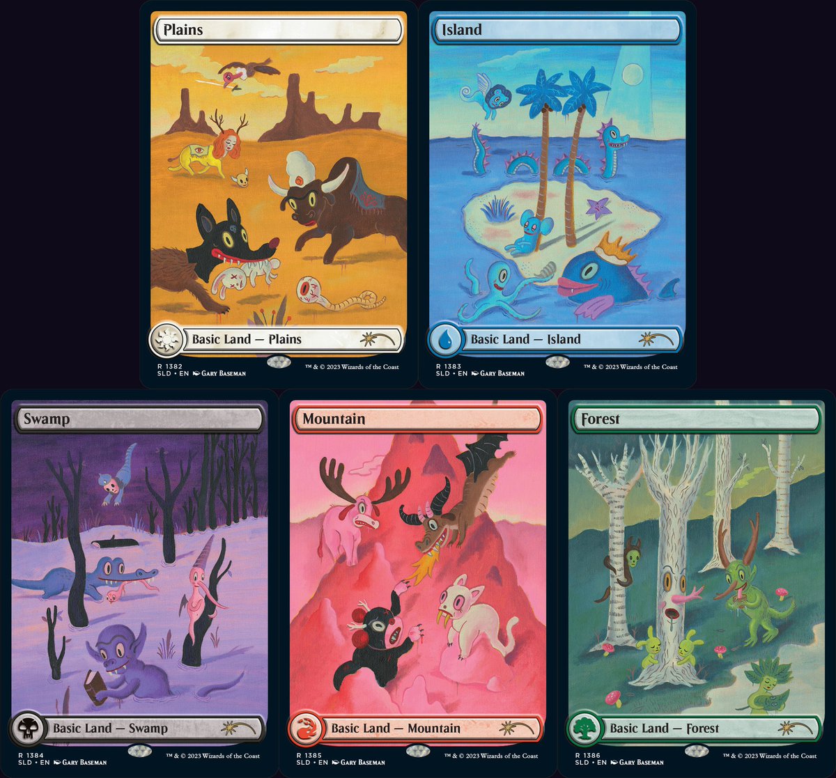 i am beyond heartbroken that i missed out on these <a href="/garybaseman/">Gary Baseman</a>  <a href="/MTGSecretLair/">MTG Secret Lair</a> lands, look at how perfect they are.
anyone reselling the foils lmk #mtg  #MTGSLD