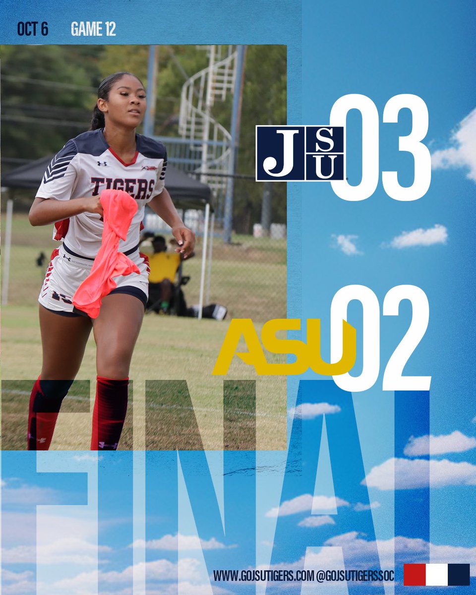 GoJSUTigersSOC's tweet photo. Tigers take the road win at ASU‼️Up next, JSU will face Alababama A&M on Sunday!
#TheeILove | #SWACSOC | #GoJSUTigersSOC🐅 https://t.co/zhuPIG2BwV