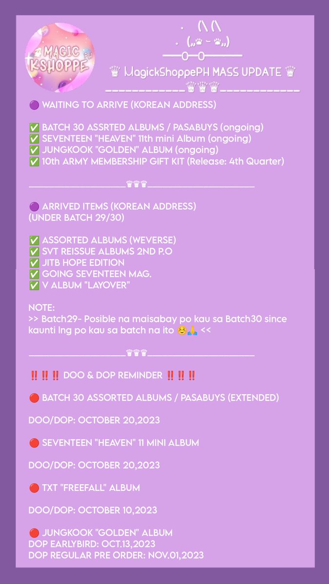mniBangtAnn613's tweet photo. #MKSPHUpdate ๐
๐Mass Update OCT.07,2023๐
๐ข Please read our Mass Updates carefully๐
๐ For any concerns na wala po sa mass Update Pls kindly Dm me๐ https://t.co/6DK52UuIrR