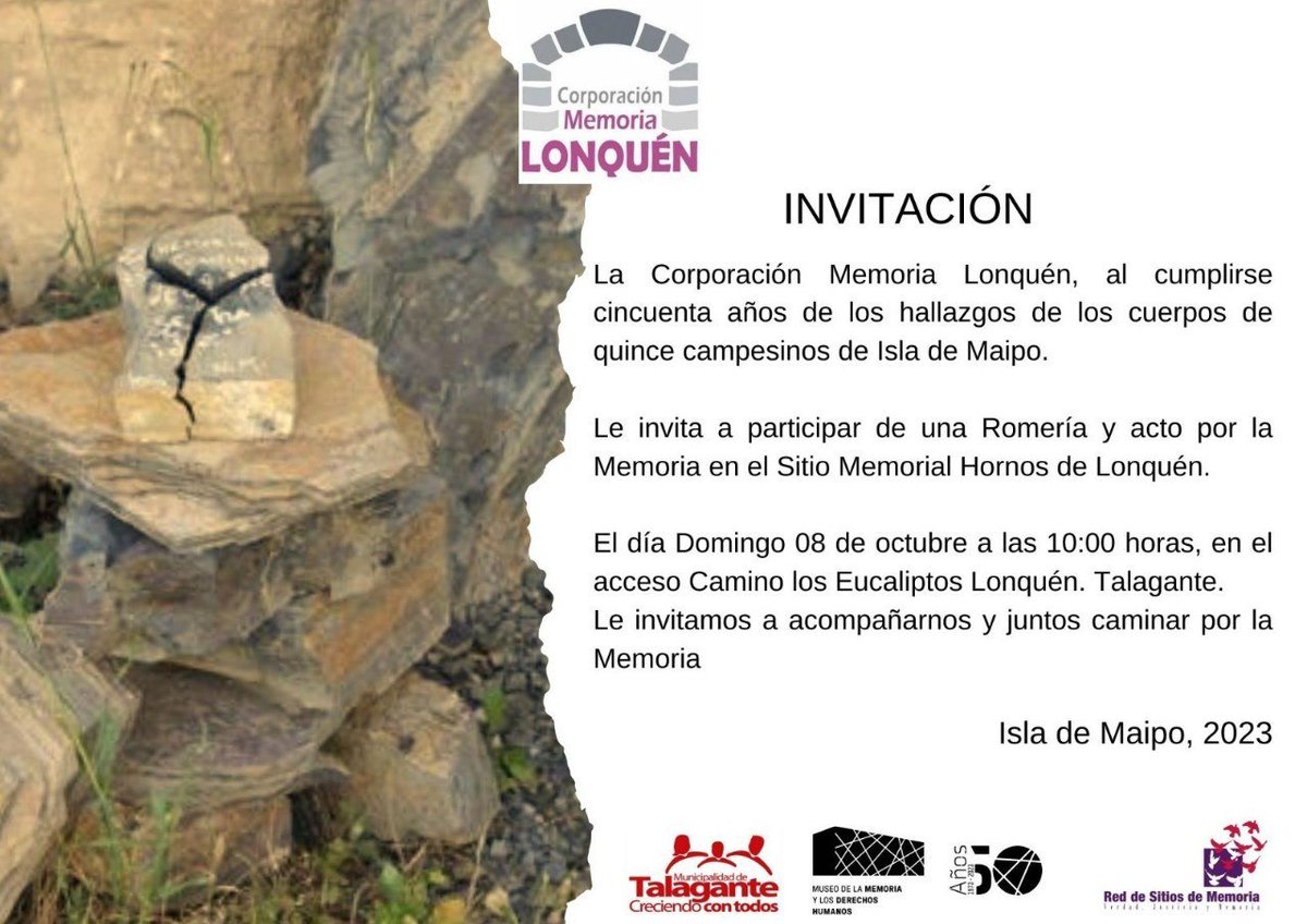 2epinforma's tweet image. #50AñosdelGolpe
Corporación Memoria Lonquen
🔅Romeria y acto por la memoria
🔅Domingo 8 de octubre a las 10 horas.
🔅Camino Los Eucaliptos Lonquen, Talagante.