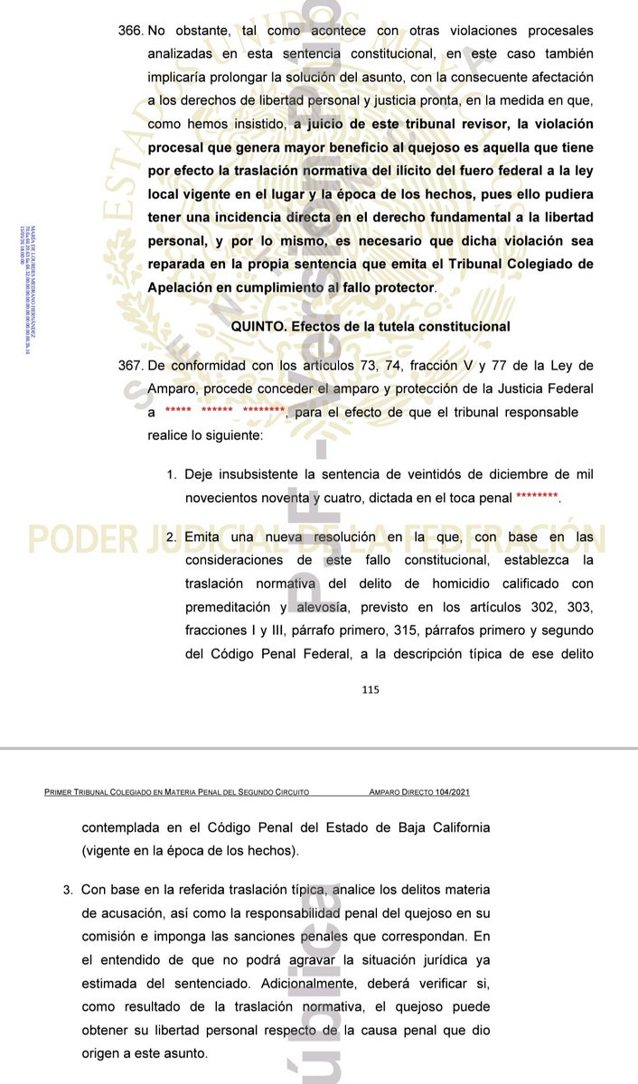 FranciscoBurgoa's tweet photo. Mario Aburto, declarado culpable por el homicidio de Luis Donaldo Colosio, podría obtener su libertad -a más tardar- el 23 de marzo de 2024.

¿Por qué?

Un Tribunal Federal analizó diversas violaciones procesales cometidas en contra de Aburto y la que generó mayor beneficio es que:

Se le juzgó con base en el Código Penal Federal cuya pena del delito de homicidio era -en 1994- de 20 a 50 años de prisión (se le impusieron 45 años), pero se le debió juzgar de conformidad con el Código Penal de Baja California que -en 1994- indicaba la pena de prisión de 16 a 30 años.

Por tanto, otro Tribunal Federal deberá emitir una nueva sentencia y si llegase a considerar la pena máxima serían 30 años que se cumplirían el 23 de marzo de 2024.
