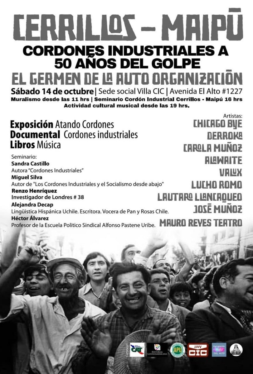 2epinforma's tweet image. #50AñosdelGolpe
Ahora SÍÍÍ, una gran discusión sobre los Cordones Industriales y El Poder Popular. 
🔅Artistas, documental y muralismo
👉 Sábado 14 de octubre, Av. El Alto #1227, Maipú