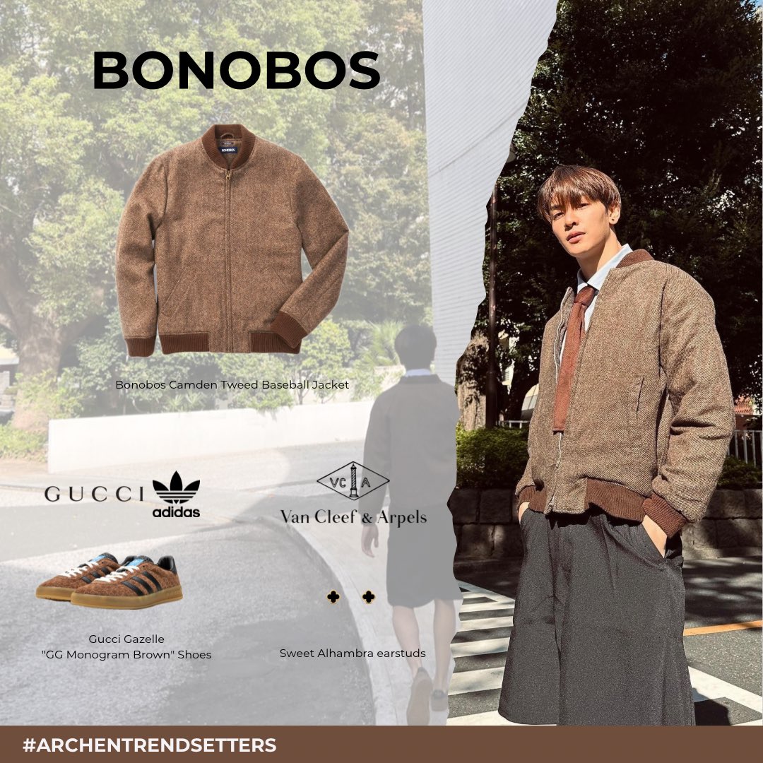 👕 @Bonobos Camden Tweed Baseball Jacket
💎☘️ @vancleefarpels Sweet Alhambra earstuds
👟@gucci x @adidas Gazelle'GG Monogram Brown' Shoes

Ps. Have a good day na 🫶🏻
#จุงอาเชน @ChenRcj #Archentrendsetters