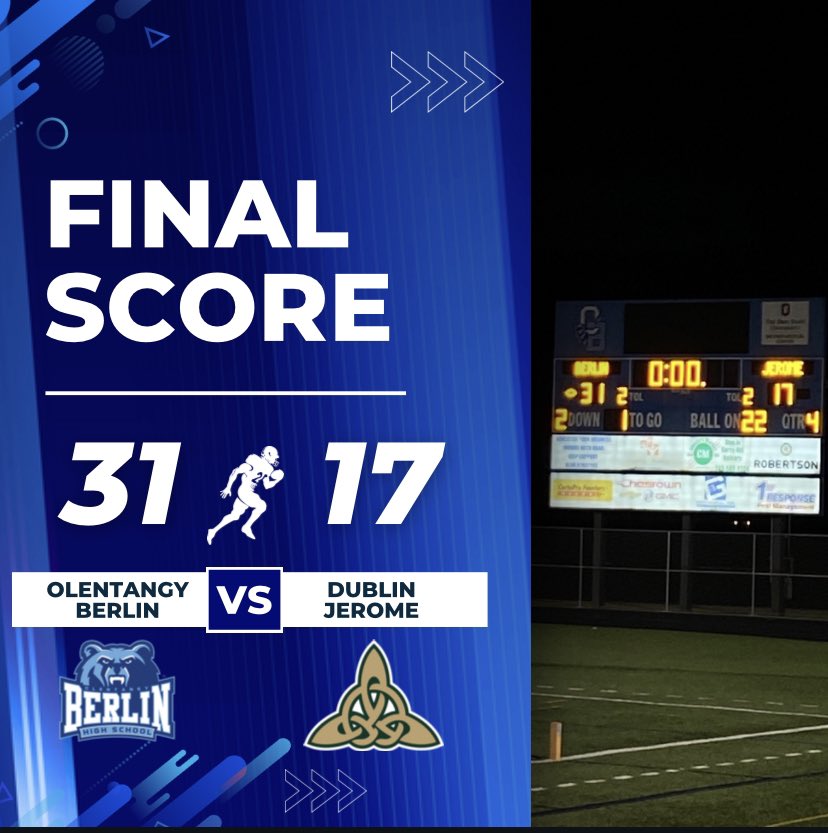 Olentangy Berlin vs Dublin Jerome FINAL SCORE UPDATE

The game ends with a Berlin Bear victory 31-17!

#clawsup #football #olentangyberlin
